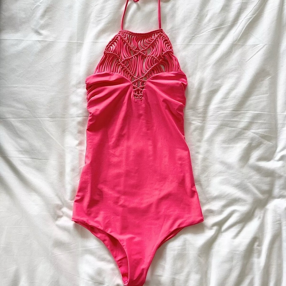 Mikoh Moorea One Piece Swimsuit Woven Halter Neon Pink Size XS